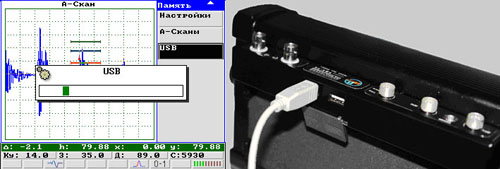 Отображение на экране ультразвукового дефектоскопа спектра сигнала и измерение частоты ПЭП 