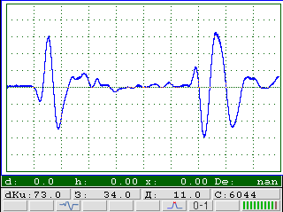 Сигнал выявленного дефекта на экране ультразвукового дефектоскопа УД4-76